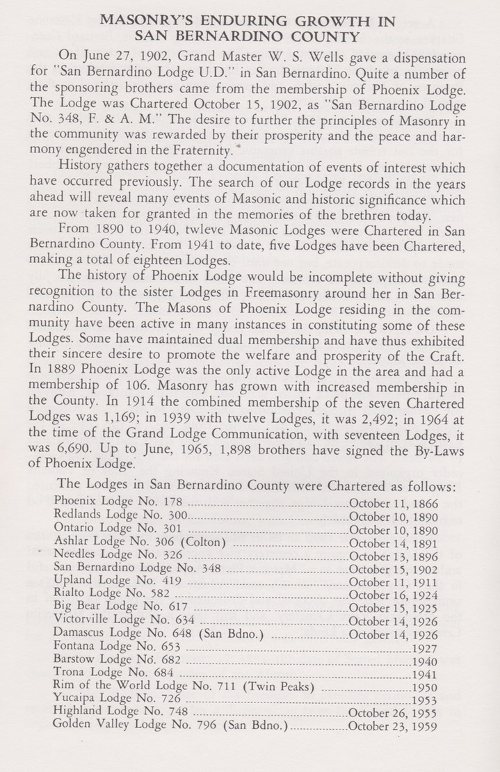 Phoenix Lodge 178  100 years of Freemasonry October 20, 1865-1965 San Bernardino California 11