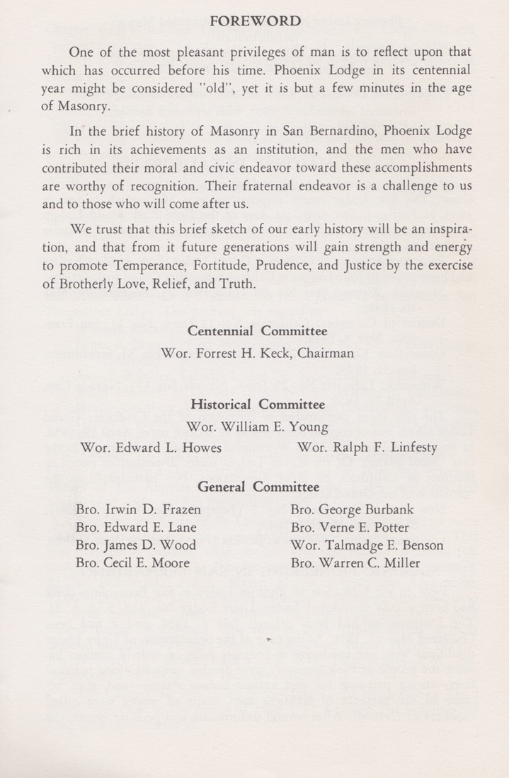 Phoenix Lodge 178  100 years of Freemasonry October 20, 1865-1965 San Bernardino California 2