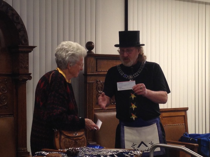 San Bernardino Masonic Lodge #178 -Freemasonry-Freemasons of California _ Worshipful Mark Stilt thanking Mrs Gresham for her generous donation to our Lodge. 2